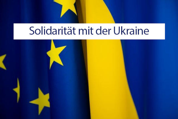 Banner zur Solidarität der EU mit der Ukraine mit Link zur entsprechenden Webseite der Europäischen Kommission.