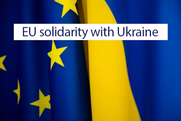 Banner promoting EU solidarity with Ukraine, featuring a link to the European Commission's dedicated website.