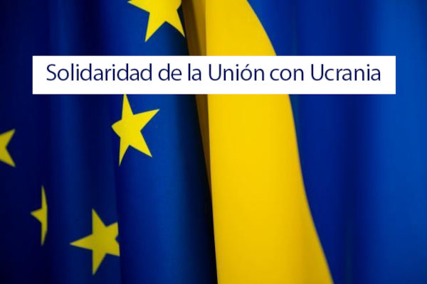 Báner para promover la solidaridad de la UE con Ucrania, con un enlace al sitio web específico de la Comisión Europea.