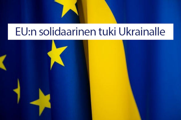 Banneri, jonka aiheena on EU:n solidaarinen tuki Ukrainalle ja jossa on linkki aihetta käsittelevälle Euroopan komission verkkosivustolle.