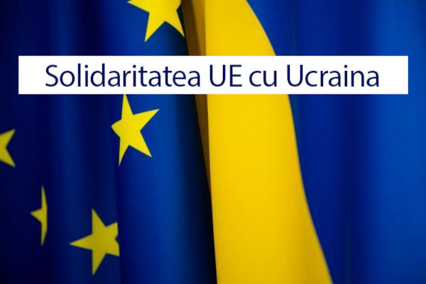 Banner care promovează solidaritatea UE cu Ucraina, cu link către site-ul dedicat al Comisiei Europene.