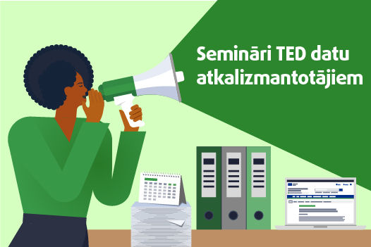 Reklāmkarogs ar tekstu “Semināri TED datu atkalizmantotājiem” un saiti uz šai tēmai veltīto tīmekļvietni.