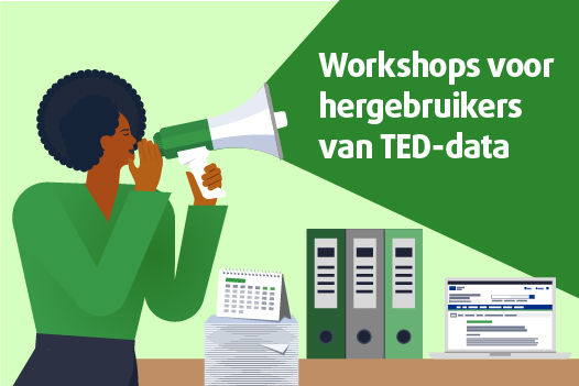 Banner die de aandacht vestigt op workshops voor hergebruikers van TED-data, met een link naar de bijbehorende website.